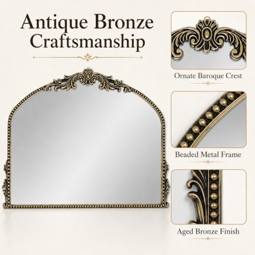 Arched Wall Mirror, 36×24 Inch Baroque Bronze Frame - Image 4