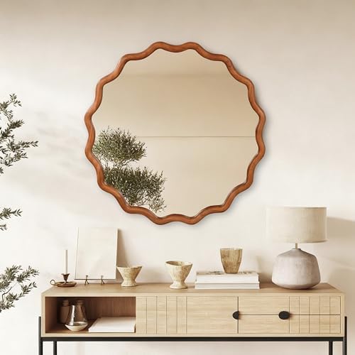 GDFStudio 36 Inch Wavy Round Solid Wood Frame Mirror, Bohemian Decorative Wall by GDFStudio