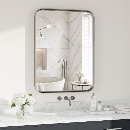 Bathroom Mirror for Wall, 30x22 Inch Rectangle Mirror, Matte Silver Metal by MYSUNORIA