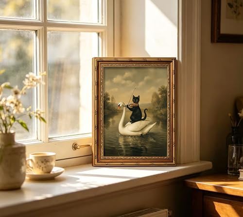 Vintage Gold Framed Black Cat Wall Art, Dark Academia Swan Painting Canvas Print - Image 6