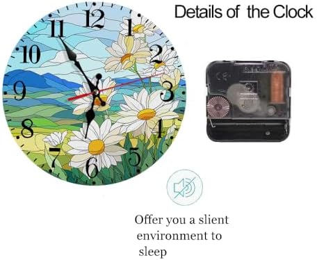 Wall Clock, Colorful Stained Glass White Daisy Silent Non Ticking Clock - Image 5