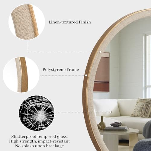 WallBeyond Round Mirror 28 Inch, Linen-Texture Circle Wall Mirror - Image 6