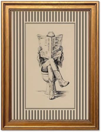 Vintage Gold Framed Western Bathroom Wall Art, Funny Cowgirl Reading Newspaper by Unknown