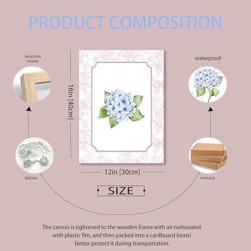 Blue Hydrangea Wall Art Set of 3, Preppy Blue Hydrangea Canvas Prints Poster - Image 3