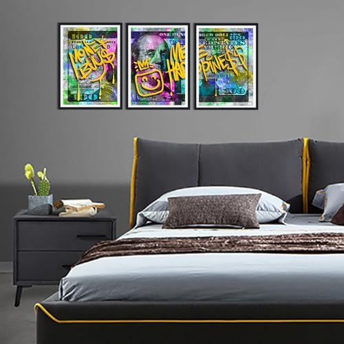 Black Framed Canvas Wall Art 100 Dollar Money Buy Me Happiness Painting 3 Panels - Image 5