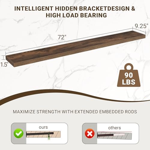 Acovy 72 Inch Floating Shelves, 3D Textured Wood Grain, Wooden Shelves - Image 3