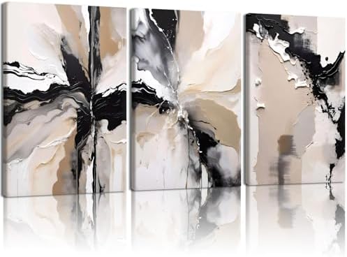 NCCXNCC 3-Piece Black and Beige Abstract Canvas Wall Art, 16x24 Inch Framed by Unknown