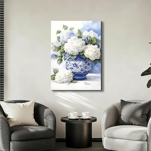 ZERILYN Ship Next Day Blue and White Hydrangea Wall Art Canvas Prints Floral - Image 7