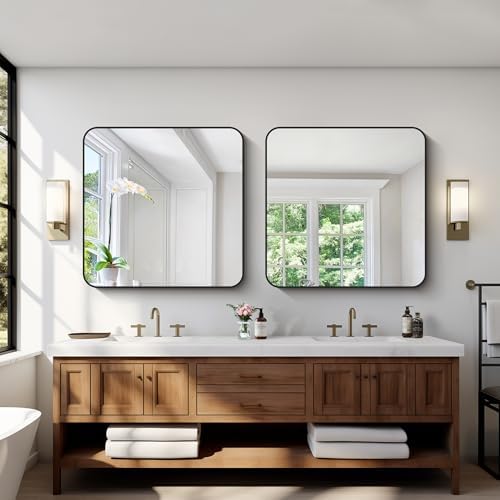 Black Bathroom Mirrors for Wall, Rounded Corner Metal Frame Wall Mirror - Image 2