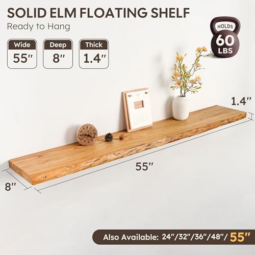 55" Floating Shelves, Solid Elm Wood, Natural Live Edge - Image 3
