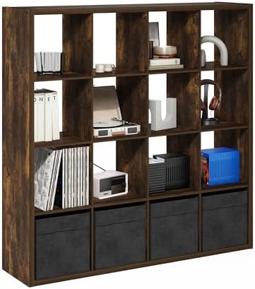 Furinno Cubicle 16-Cube Book Shelf, Extra Thick Frame Bookshelf, Amber Pine by Furinno-FitsYourSpaceFitsYourBudget