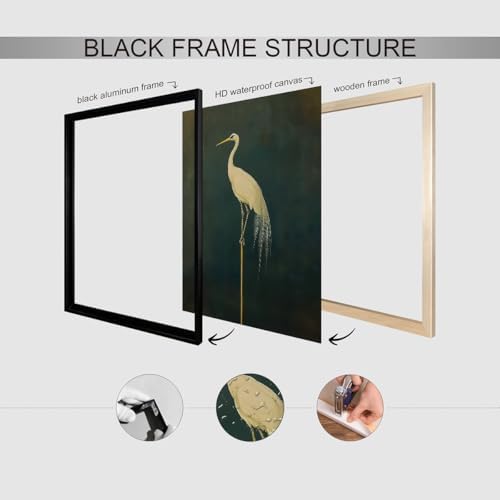 Black Framed Canvas Wall Art Posters Vintage Bird Prints Japanese Crane Retro - Image 3