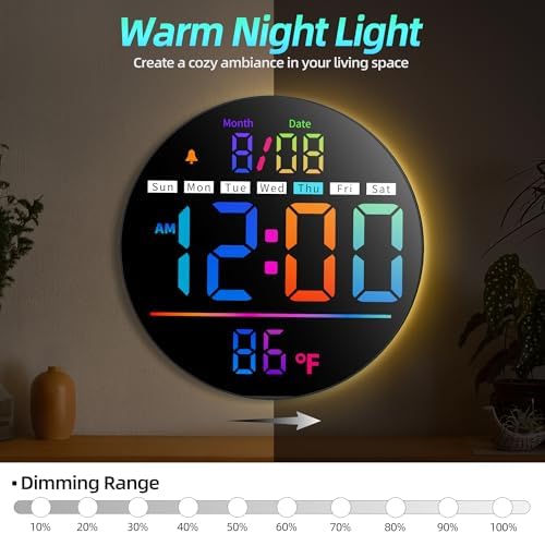 8in Round Digital Wall Clock, RGB Color Display, Auto DST, Temperature - Image 4