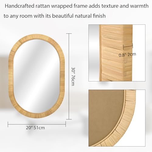 FUIN 20" x 30"Handcrafted Rattan Oval Wall Mirror – Natural Woven Wicker Frame - Image 4