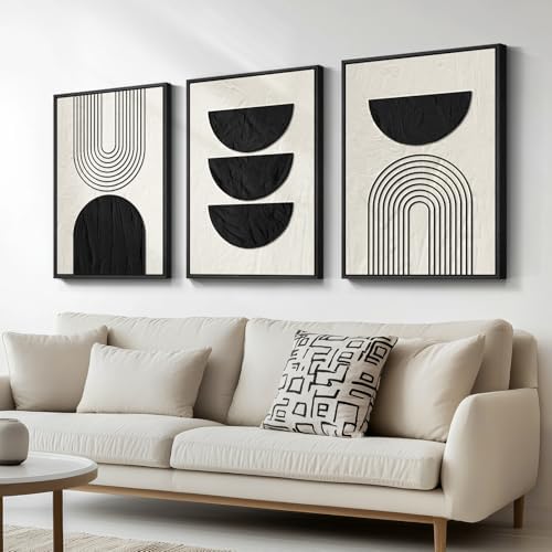 Framed Neutral Black and Beige Abstract Wall Art Set, 3 Piece Canvas Prints by Cuspin