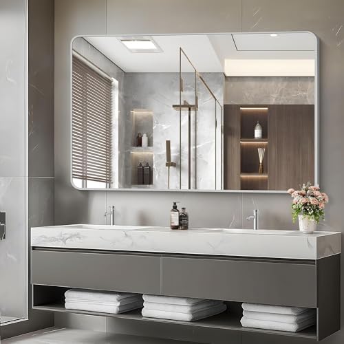 55x36 Inch Silver Bathroom Mirror, Large Rectangular Vanity Mirror, Metal - Image 3