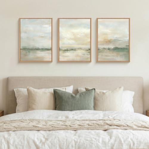 LHIUEM Abstract Green Gray Pastel Framed Canvas Wall Art, Neutral Landscape - Image 5