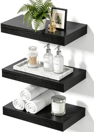 Black Floating Shelves for Bathroom, 12 Inch Small Shelves Set of 3 by Mifurn