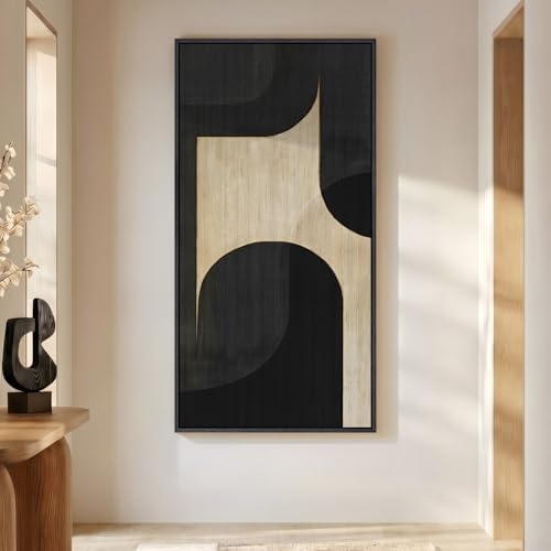Large Framed Black Beige Neutral Abstract Wall Art, 1 Piece Vertical 30x60 by Cuspin