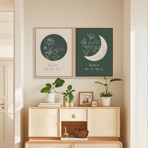 KBCXOY Sage Green Boho Sun and Moon Wall Art Bedroom Moon Phase Prints - Image 6