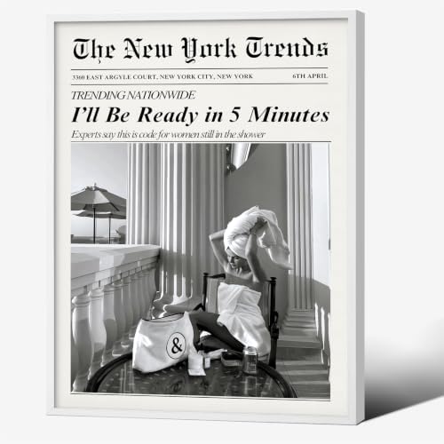 Trendy Newspaper Wall Art 16x20in White Framed Vintage Black and White by Unknown