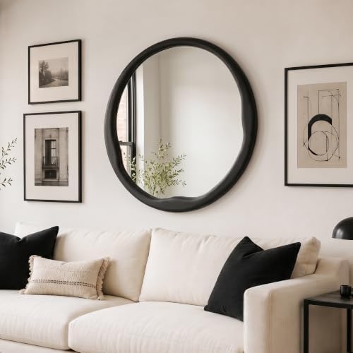 Matte Black 30 Inch Round Wood Wall Mirror, Asymmetrical Inner Edge - Image 5