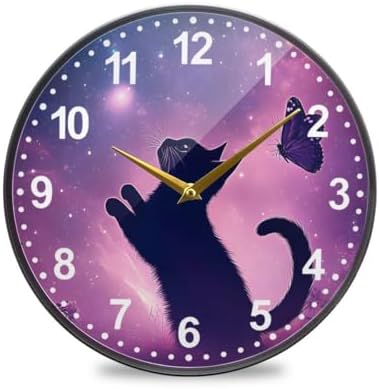 ALAZA Cat and Butterfly in Purple Galaxy Starry Wall Clock Battery Operated by ALAZA