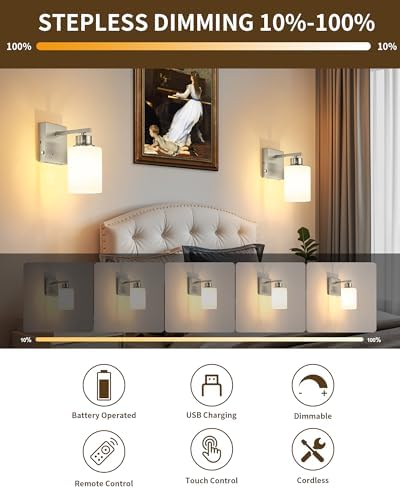 Wireless Battery Operated Wall Sconce Set of Two, Modern White Glass Nickel - Image 2
