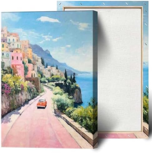 Bittiler Retro Italy Coastal Posters Pink Seaside Town Canvas Wall Art Sunset by Bittiler