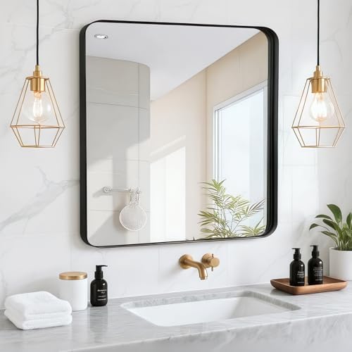 Black Bathroom Vanity Mirror Over Sink 28x28, Wall Mounted Square Mirror by Unknown