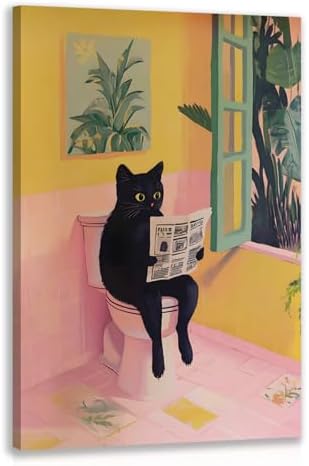 Cyebmo Funny Bathroom Wall Art, Cute Black Cat Sitting on Toilet Reading by Unknown