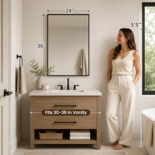 24 x 36 Inch Matte Black Framed Rectangle Bathroom Vanity Mirror - Image 5