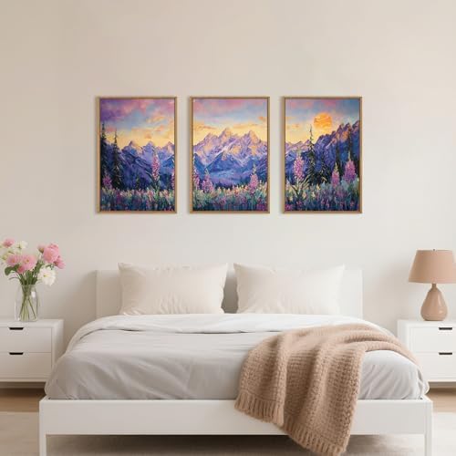Vintage Purple Mountain Landscape Framed Canvas Wall Art Set-16"x24"x3 - Image 5
