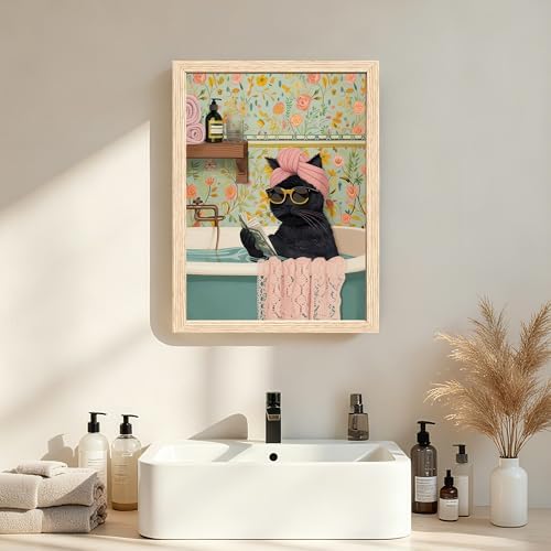 ICHZUMW Framed Funny Black Cat in Bathtub Canvas Bathroom Wall Art 16x24 In - Image 3
