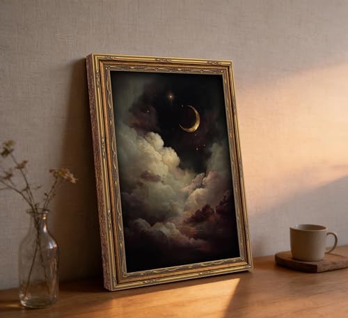 Vintage Gold Framed Celestial Wall Art, Moody Moon and Stars Gothic Painting - Image 6