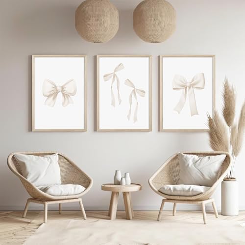 Preppy Bow Wall Art Decor Set of 3 Beige Coquette Wall Art Aesthetic Canvas - Image 6