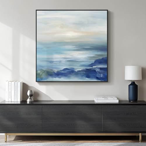 Large Framed Blue Abstract Wall Art Decor, Square Coastal Print, 30x30 Inch by Cuspin