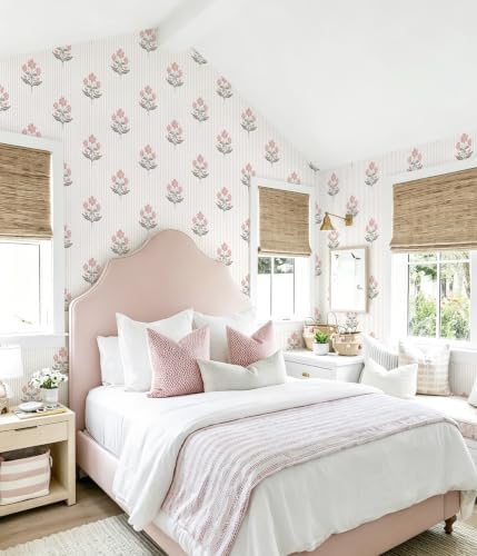 Safiyya Pink Floral Peel and Stick Wallpaper Striped Contact Paper Modern - Image 4