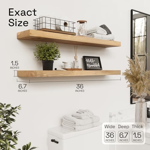 Natural Wood Floating Shelves for Wall 36 Inches Long, Oak Wooden Shelf - Image 3