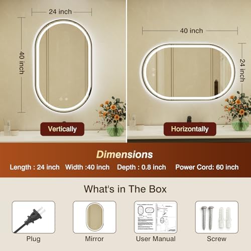 24x40 Inch Oval Black Framed LED Bathroom Mirror - Image 2