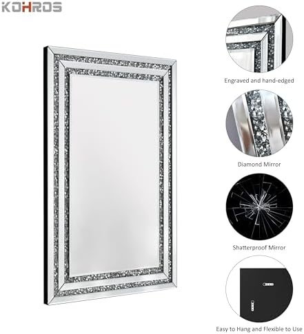 KOHROS 24" x 36" Frameless Bathroom Crystal Decorative Mirror, Crushed Diamond - Image 4