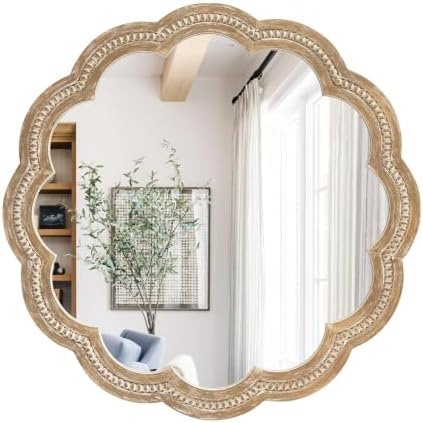 30 Inch Round Wall Mirror, Antique Brown Solid Wood Frame by UPPER+DECOR