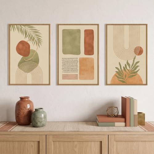 Large Boho Sage Green Framed Canvas Wall Art, Abstract Geometric Beige Wall - Image 3