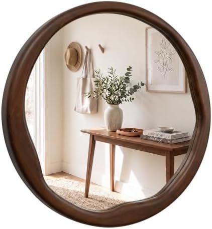 Dark Walnut 24 Inch Round Wood Wall Mirror, Asymmetrical Inner Edge by Pocetry