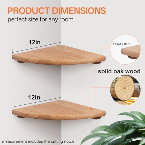 Floating Corner Shelves for Wall Set 2 12inch Solid Oak Rounded Corner Shelves - Image 2