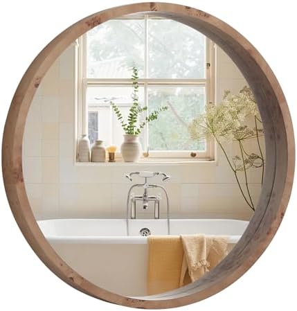 WallBeyond 24 Inch Round Wood Mirror, Burlwood Grain Wood Frame Circle Mirror by WallBeyond
