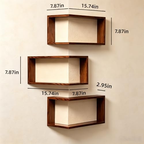 Corner Floating Shelves Wall Mounted Set of 3, Wooden Wall Corner Shelf Display - Image 2