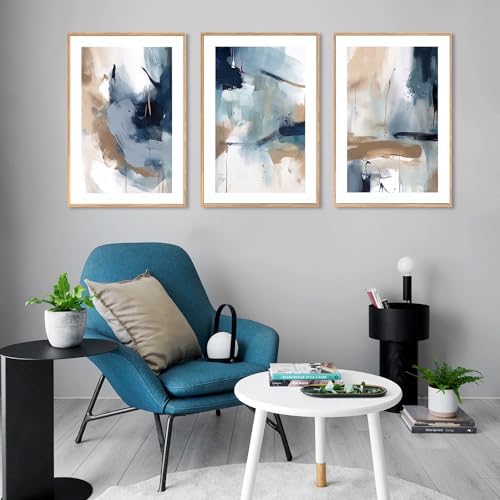 LHIUEM Large Abstract Navy Blue Framed Canvas Wall Art, Neutral Brush Stroke - Image 5