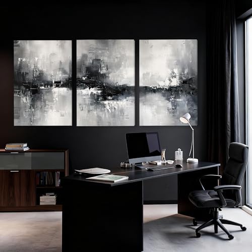 AVECCO Triptych Abstract Black White Gray Wrapped Canvas Wall Art 24x36 In - Image 5