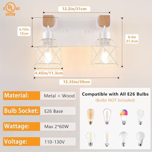 FadimiKoo 2-Light White Bathroom Light Fixtures, Wood Bathroom Vanity Lighting - Image 2